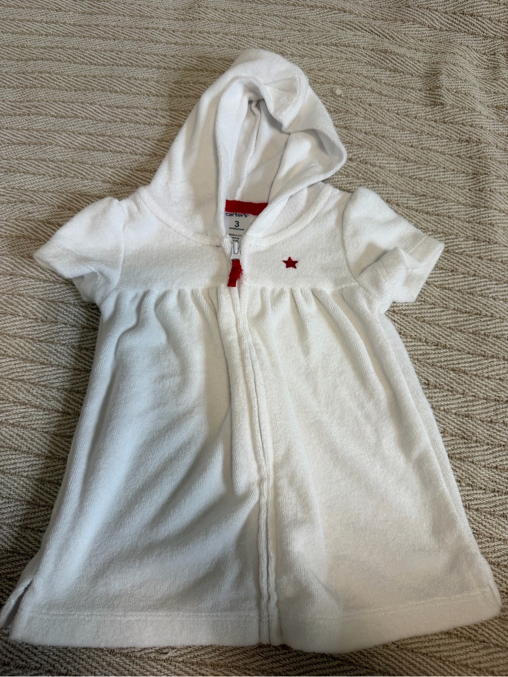 Carter's White Hooded Terry Pajama Romper with Red Star Accent